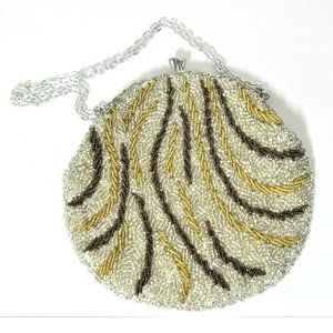 Vintage Glass Beaded Evening Handbag Silver Gold Brown Purse made in Hong Kong